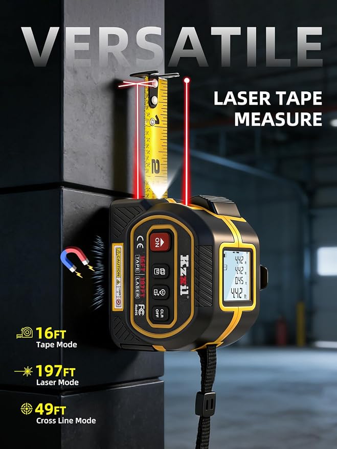 4-in-1 Tape Measure 196ft Laser Tape Measure 16ft Manual Tape with Fractional Readouts, Laser Measuring Tool with Backlit LCD, Magnetic Hook & Base - Area/Volume, for Woodworking & DIY