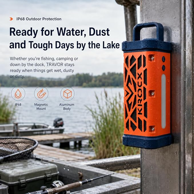 TRAVOR Magnetic Bluetooth Speaker, 45W, All-Aluminum Build Rugged Outdoor Speaker Portable, Deep Bass, IP68 Waterproof, TWS Wireless Speaker for Camping, Golf Cart & Beach (Blaze Orange)