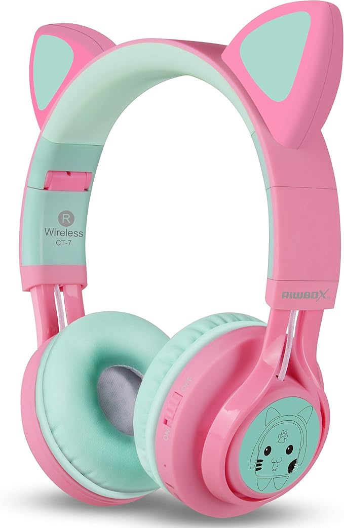 Riwbox CT-7 Cat Ear Kids Bluetooth Headphones, LED Light Up Bluetooth Wireless Over Ear Headphones with Microphone and Volume Control for Travel/School/Smartphones/Laptop/PC/TV (Pink&Green)