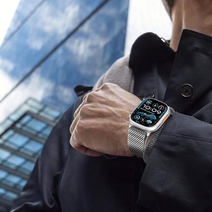 FULLIFE Milanese Mesh Loop for Apple Watch Band Apple Watch Ultra 3/2/1 Band 49mm 46mm 45mm 44mm Men Women, Stainless Steel Metal Band Parachute-style Buckle for iWatch Series 11 10 9 8 7 6 SE3 5 4 3