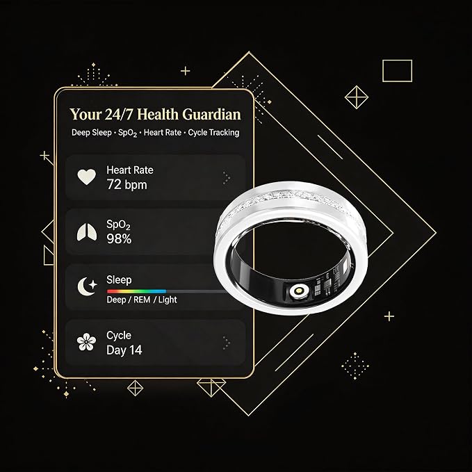 Diamond Smart Ring for Women, Fitness & Vital Signs Monitoring, Sleep Tracker, Remote Photography, No Subscription, Ladies Gift, iOS & Android(Silver,9#)