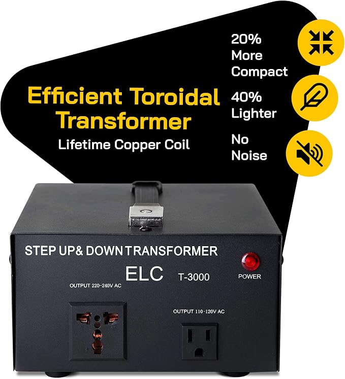 ELC T Series 3000+ Watt Voltage Converter Transformer - Step Up/Down - 110v to 220v / 220v to 110v Power Converter - Circuit Breaker Protection, CE Certified [3-Years Warranty]