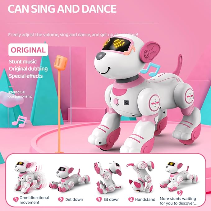 Robot Puppy Dog, Robot Puppy with Dance, Music, Light Effects, Interactive Programmable Intelligent Remote Control Dog AI Toys for Teens Adults Chrismas Birthday (Pink)
