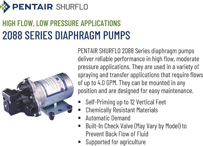 SHURFLO 2088-474-144 24VDC Diaphragm Pump, 3.0 GPM 45 PSI Water Transfer Pump, Self Priming 12 Ft, Automatic Demand Switch Control, Chemical Resistant Sprayer Pump for Agriculture RV Marine