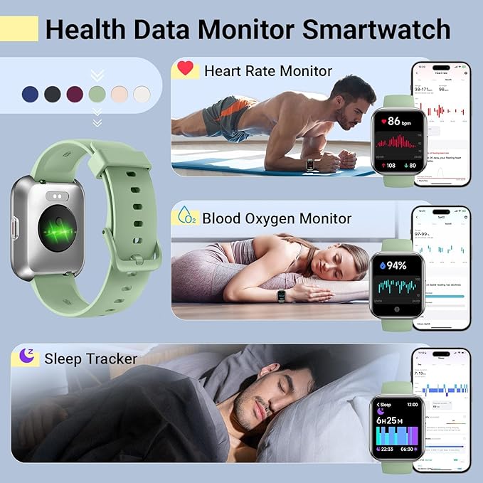 Quican Smart Watches for Women/Men, Smart Watch for Android Phones & iPhone, Fitness Watches for Women with Alexa, Call & Notification Alerts, Tracks Heart Rate/Sleep Smartwatches (Green, 1.8 inches)