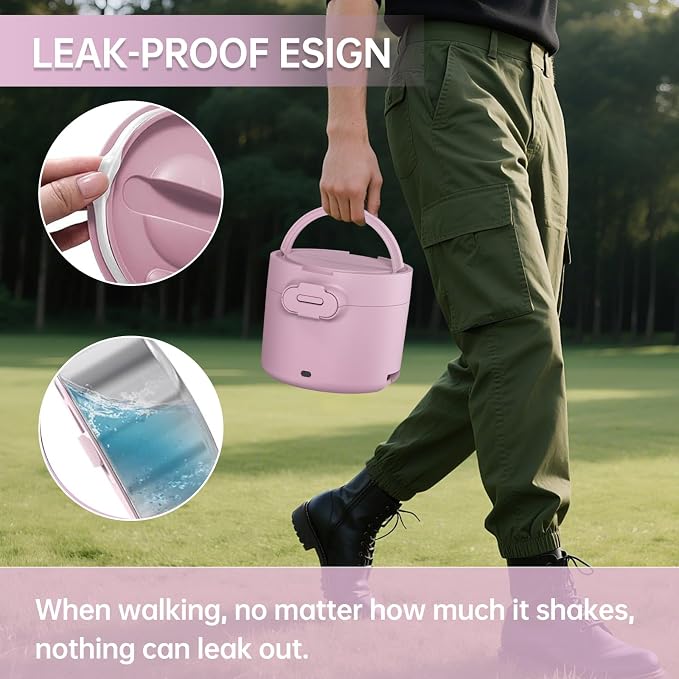 Electric Lunch Box Food Warmer, 34-Ounce Leakproof Portable Heated Lunch Container for Car, Truck, Office,Camping, 100W 12V/24V/110V/220V Bento Box Heater Gift For Women Men (Light Pink)