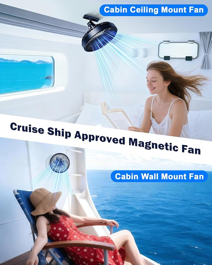 Magnetic Cruise Approved Fan, Portable Travel Fan 360 Degree Adjustable, 3 Speed, Rechargeable Cooling Fan for Cruise Ship Cabin, Golf Cart, GYM, Kitchen Refrigerator, Cruise Essentials 2026, Black