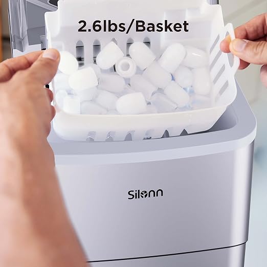 Silonn Ice Makers Countertop, 9 Cubes Ready in 6 Mins, Self-Cleaning Ice Machine with Ice Scoop and Basket, 26lbs in 24Hrs, 2 Sizes of Bullet Ice for Home Kitchen Office Bar Party, Sliver
