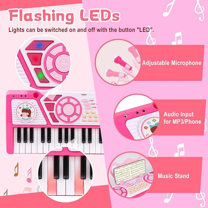 M SANMERSEN Kids Piano Keyboard 49 Keys, Electronic Toy Keyboard Piano with Microphone & Headphone for Beginners Multifunctional Musical Instruments Learning Pianos Keyboards Kid Gifts for Girls, Pink
