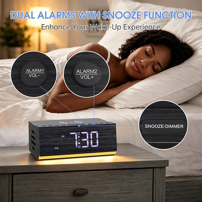 Hoifen Wooden Digital Alarm Clock with Wireless Charging, Bluetooth Speaker & FM Radio, Dual Alarms, Night Light, Dimmable Display, USB Port, 9-Min Snooze – Bedside Clock Home Decor Gift (Black)