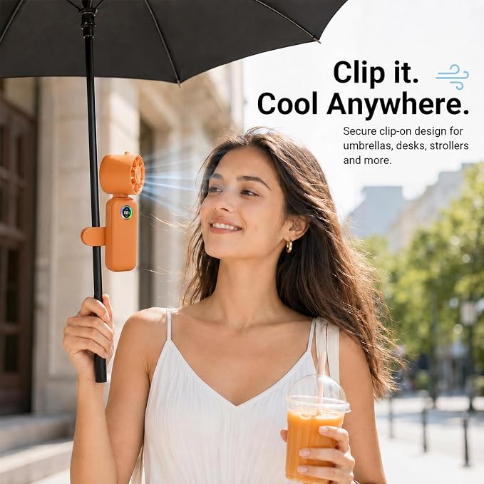 Clip-On Portable Fan with Misting, 4000mAh Up to 12H Battery Life Hand Mini Foldable Fan, 360° Rotating USB Rechargeable Turbo Quiet Stroller Fans for Travel Outdoors and Office Use (Orange)