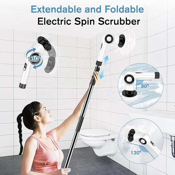Electric Spin Scrubber, Electric Cleaning Brush, Multifunctional 360 Automatic Rotation Cordless Spin Scrubber with 7 Replaceable Brush Heads for Cleaning Bathroom Kitchen and Floor