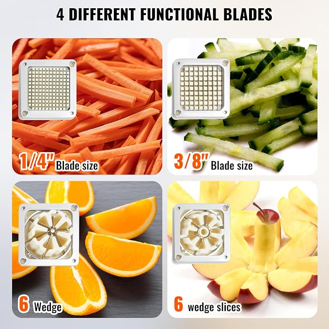 VEVOR Commercial French Fry Cutter with 4 Replacement Blades, 1/4" and 3/8" Blade Easy Dicer Chopper, 6-wedge Slicer and 6-wedge Apple Corer, Lemon Potato Cutter for French Fries with Extended Handle
