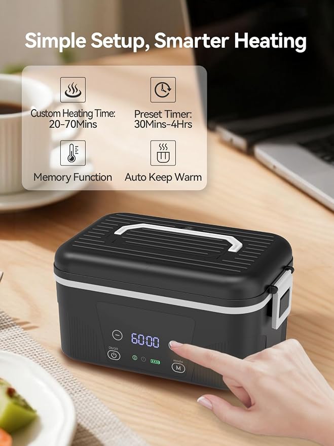 SOHIDA Cordless Heated Lunch Box: 1.4L Electric Lunch Box With Battery Powered, Custom Heating Time and Preset Heating Function for Adult - Portable Food Warmer for Office, Travel, Outdoor