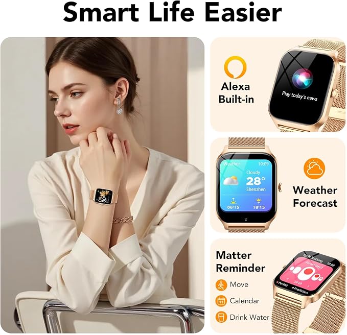 Smart Watch for Women with Bluetooth Calling, Fashion Fitness Tracker, 1.85" HD Touch Screen, AI Voice Assistant, Heart Rate Sleep Monitor, 120+ Sports Modes, Compatible with Android iPhone, 2 Bands