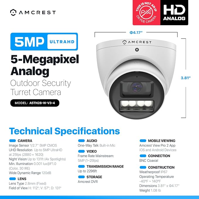 Amcrest Analog 5MP NightColor Outdoor Security Camera, Turret 5MP @ 25fps, CCTV-Coax-BNC, 131ft Full Color Night Vision, Mic, 132° FOV (Not an IP Camera) (DVR Required, Not Included) (AT5N28-W-V3)