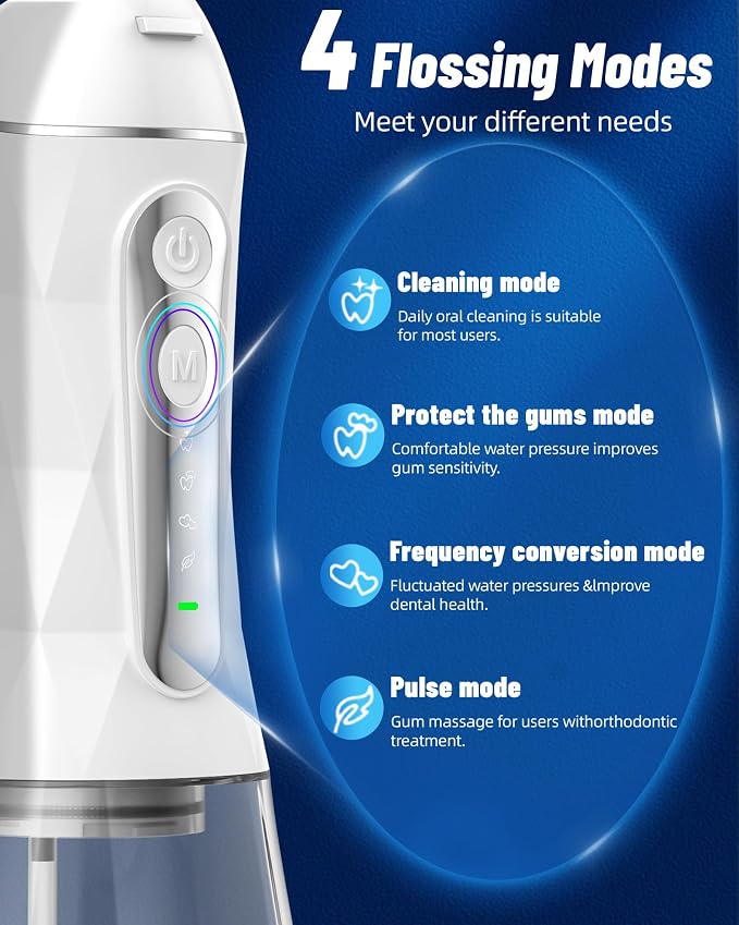 Electric Water Dental Flosser - Cordless Portable Teeth Cleaner, Rechargeable 320ML Larger Water Tank Oral Irrigator, 4 Modes with 5 Jet Tips and Travel Bag, IPX7 Waterproof (White)
