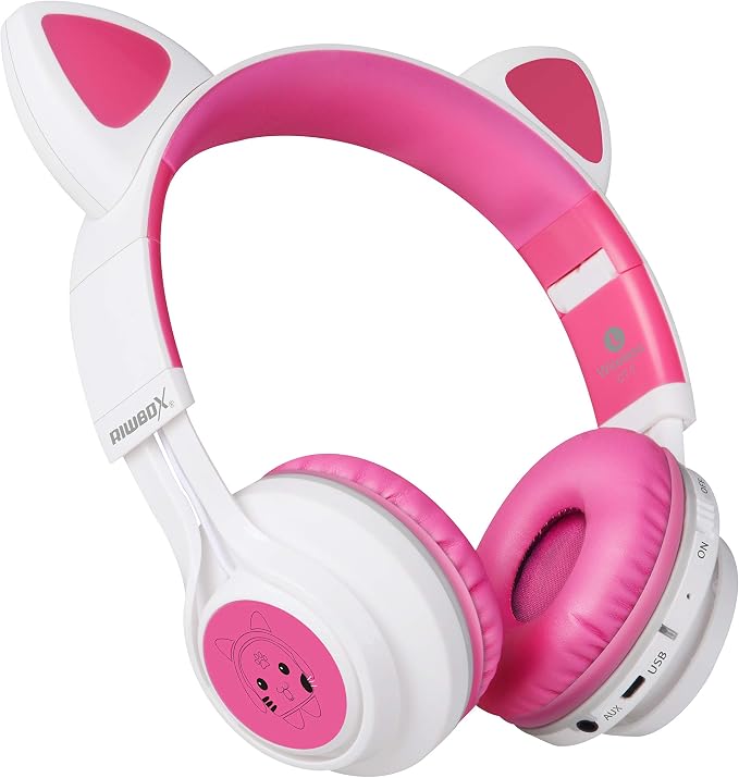 Riwbox CT-7 Cat Ear Bluetooth Headphones, LED Light Up Bluetooth Wireless Over Ear Headphones with Microphone and Volume Control for Travel/School/Smartphones/Laptop/PC/TV (White&Pink)
