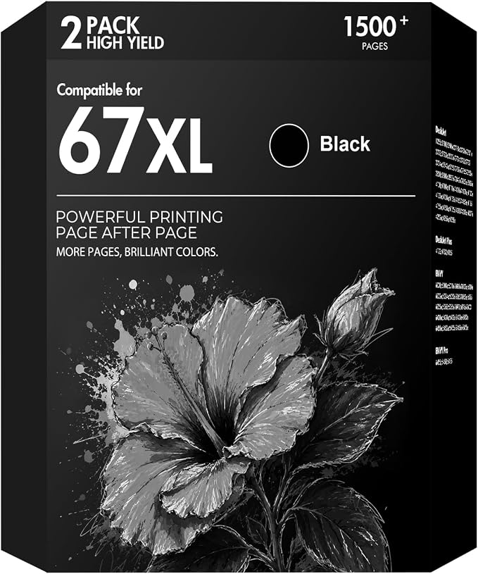 67 67XL 2755e Black Ink Cartridges Replacement for HP67 XL Black Ink Work for HP Deskjet 2855e 2755e 2700 2800e Envy 6055e 6000 6400 6455e Deskjet 4255e 4155e 2700e 2852e 2800 2827e Printer 2-Pack