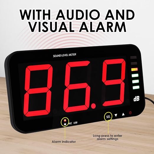 Decibel Meter Sound Level Meter with Data Logging, 13" Large LCD Display Wall Mounted Noise Meter for Classroom w/ 16.4ft Corded Sensor & Alarm Output for Studio Decibel Noise Measuring and Recording