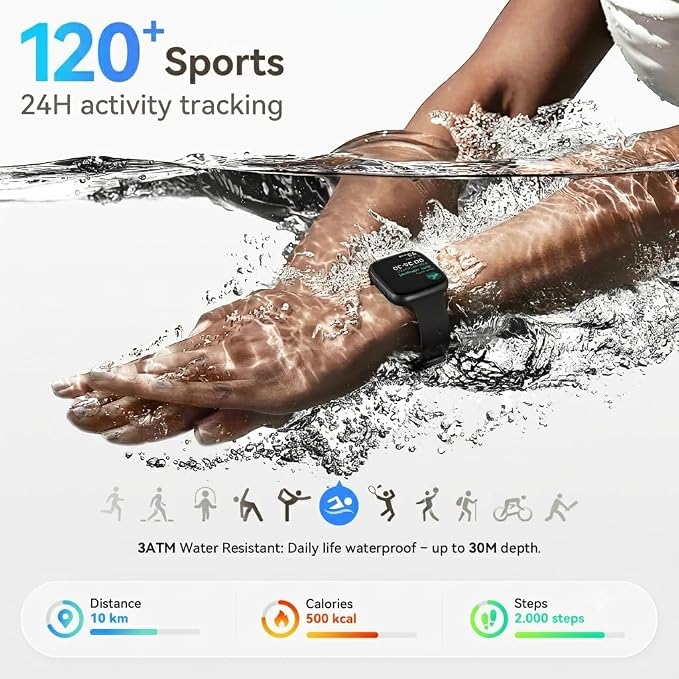Smart Watch for Men/Women, Answer/Make Call, 1.85" AMOLED Always-On Display Screen Smartwatch for iPhone & Android, 3ATM Waterproof Fitness Tracker with Heart Rate/Sleep/SpO2 Monitor, 120+ Sport Modes