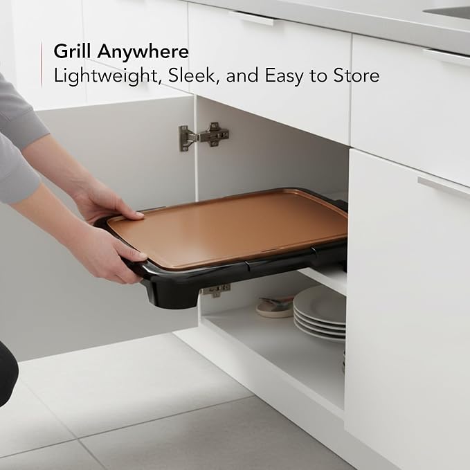 OVENTE Electric Griddle with 16 x 10 Inch Flat Non-Stick Cooking Surface, Removable and Adjustable Temperature Control, Indoor Grill for Instant Breakfast, Pancakes, Eggs or Burgers, Copper GD1610CO
