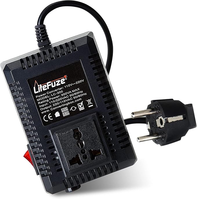 LiteFuze 300 Watt Step Up/Step Down Travel Voltage Converter, 220/110v to 110/220v converter with Type E/F Plug - Compatible with Hair Straightener, Camera, Laptop & More