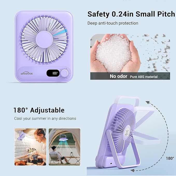 WHATOOK Desk Fan 2 Pack: 100 Speeds Stepless Control 5000mAh Battery Operated Portable Fan, Rechargeable Table Fan for Cruise Ship Essentials, Gift for Couples, Dorm, Office, Bedroom(Black and Purple)