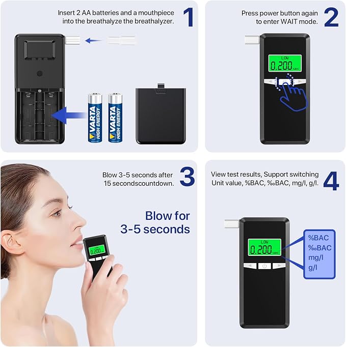 Breathalyzer,2026 Upgraded Alcohol Tester with Blue LCD Digital Display,Portable Alcohol Tester for Home or Party Use with 10 Mouthpieces