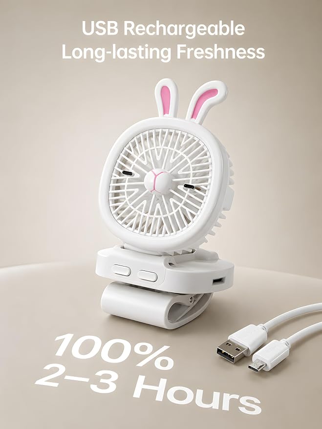Personal Fan with Wrist Strap - Battery Operated, USB Rechargeable Fan Portable, LED Lights, 3 Adjustable Speed - Portable Fans for Kids Children Boys Girls Indoor Outdoor (White)