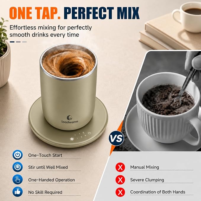 Self Heated Stirring Coffee Mug, 10oz Auto Mixing Cup with Warmer, Green | 3 temp settings, food-grade stainless steel interior, 8-hour auto shut-off, plug-in desk mug with Warmer for office home