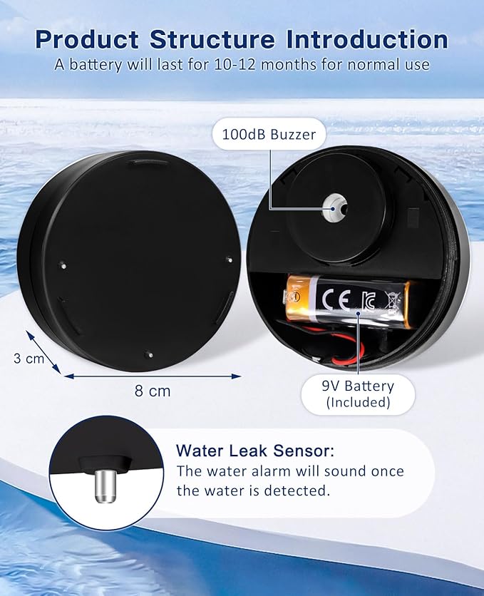 Geevon 2 Pack Water Leak Detectors, 100dB Water Sensor Alarms Flood Detector for Basements, Bathrooms, Laundry Rooms, Kitchens, Garages, and Attics, Water Alarms Battery-Operated (Battery Included)