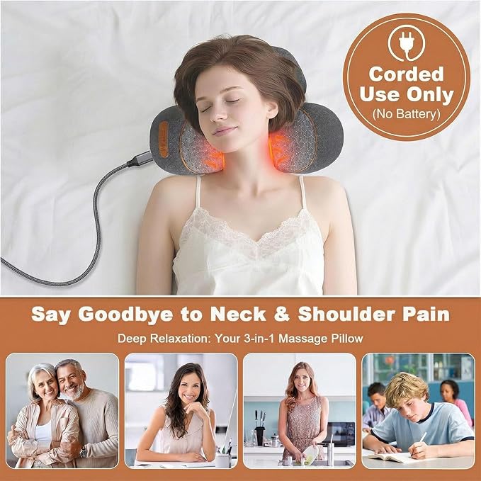 3-in-1 Neck Massager Pillow with Heat, Soothing Vibration & Cervical Traction for Pain Relief, Corded Electric Posture Support & Shoulder Relaxer for Home Office, Gifts for Men/Women (Dark Gray)