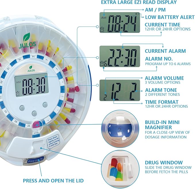 JULOS 28-Day Automatic Pill Dispenser with Alarm for Chronic & Alzheimer’s Care, Locked Medication Organizer w/Easy-Read LCD Display, Sound & Light & Alerts for Medication, Vitamins & More, Clear Lid