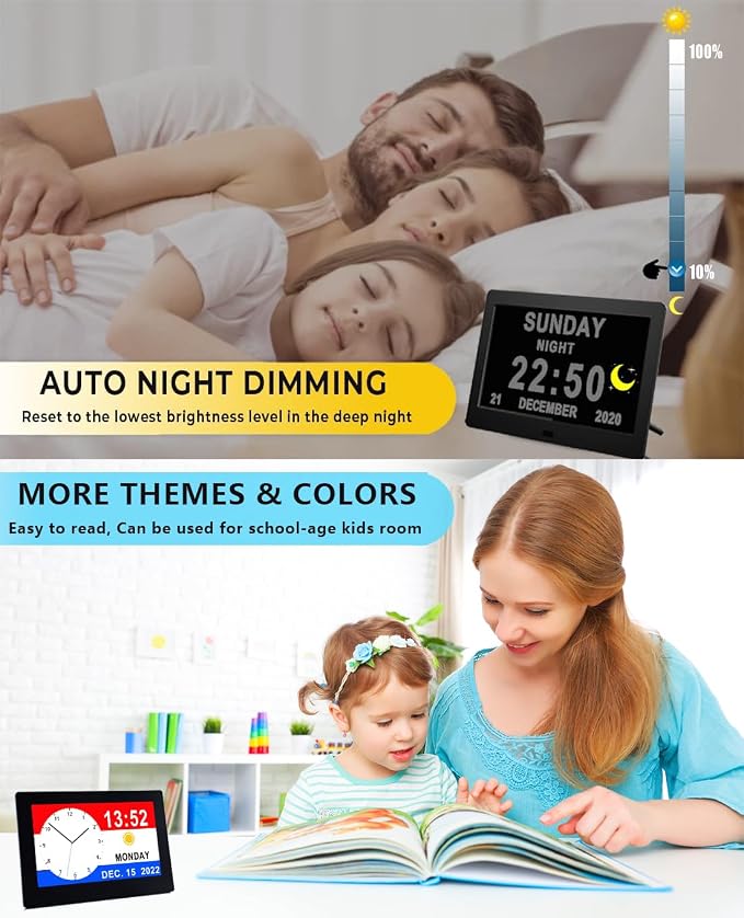 [New Version] 7 Inch Day Clock - 19 Alarms,20 Custom Reminder, Remote Control, Level 10 Auto Dimmable Display Calendar Clock, Non-Abbreviated Day Date Alarm Clock for Impaired Vision Dementia Seniors