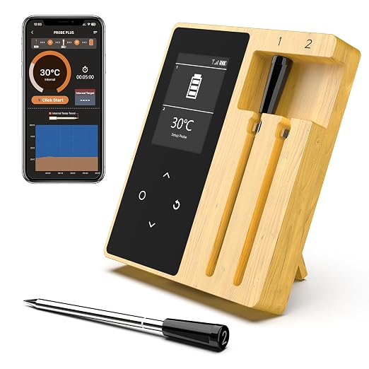 Wireless Meat Thermometer with 2 Ultra-Thin Probes, Bluetooth Digital Food Thermometer 600FT Remote Range, Standalone Smart Base for Grill Smoker Roast Oven, Cooking