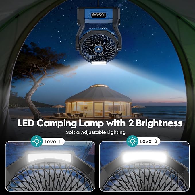 XZK 36000mAh Rechargeable Camping Fan, 98H Runtime Battery Powered Portable Travel Fan with LED Light, Tent Fans for Indoor,Outdoor,Fishing,Jobsite & Hurricane Emergency,Gifts for Men Dad Him,Blue