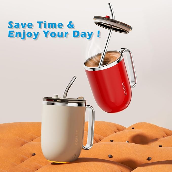 Self Stirring Mug - 4-Color Temp Display Magnetic Electric Auto Mixing Stainless Steel Cup with Straw & Lid For Office/Kitchen/Home/Coffee/Milk- 14.2oz/420ml(Red)