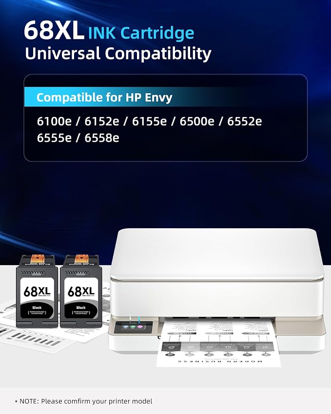 68XL 68 Ink Cartridges Black Combo Pack Compatible for HP68 68 XL 68 Ink Cartridges for HP Printers Replacement for HP Ink 68 68e for Envy 6155e 6100e 6152e 6500e 6552e 6555e 6558e(2 Black)