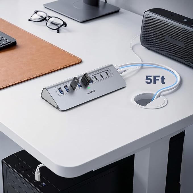 Powered USB Hub 10Gbps, intpw YH6AC 9-Port USB 3.2 /USB C Hub with USB A/USB C 3.2, 4 USB 3.0, 2 PD 45W Charging Port, 65W Power Adapter + 5FT Cable, Aluminum USB Hub for PC, iPhone 17/16/15/Laptop