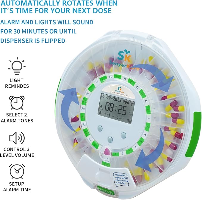Smart WiFi Automatic Pill Dispenser with with App and Light Reminders for Seniors - Tracks Adherence History, Remote Caregiver Alerts, 28-Day Locking Medication Organizer for Vitamins, Supplements