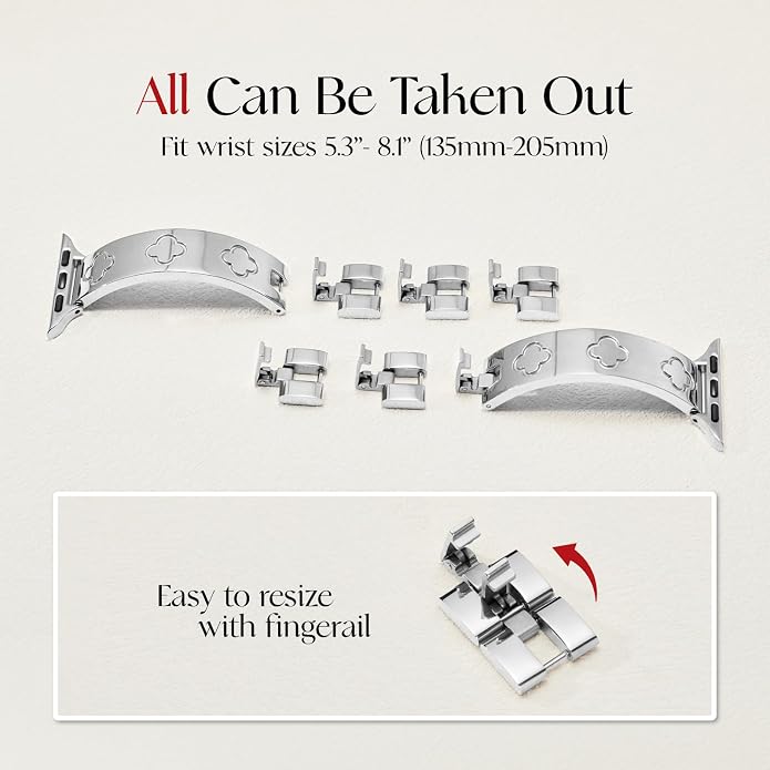 Missair Compatible with Apple Watch Band 38mm 40mm 41mm 42mm 44mm 45mm 46mm 49mm, Four Leaf Lucky Bracelet Women Dressy Stainless Steel Metal Clover Strap for iWatch Series 11 10 9 8 7 6 5 4 SE Ultra