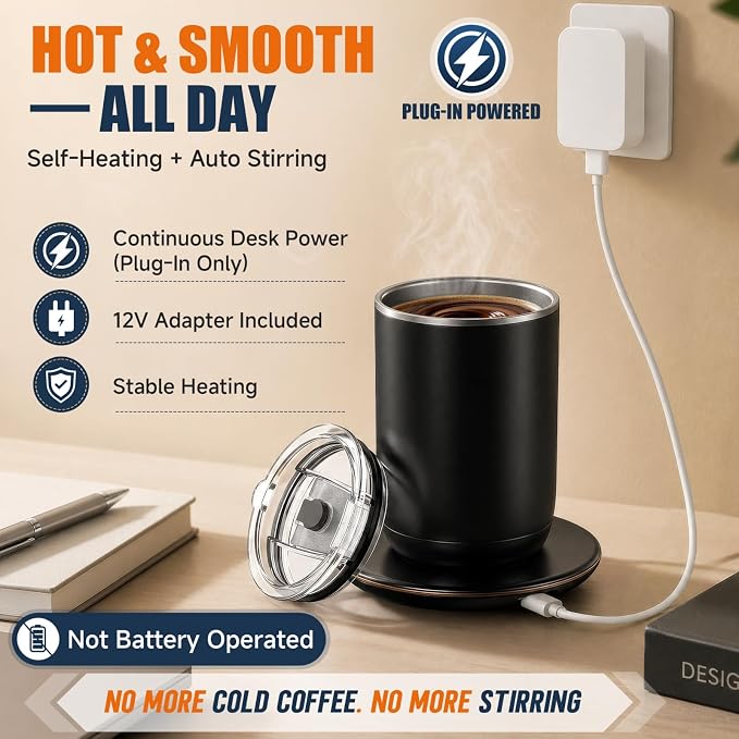 Self Heated Stirring Coffee Mug, 10oz Auto Mixing Cup with Warmer, Black | 3 temp settings, food-grade stainless steel interior, 8-hour auto shut-off, plug-in desk mug with Warmer for office home