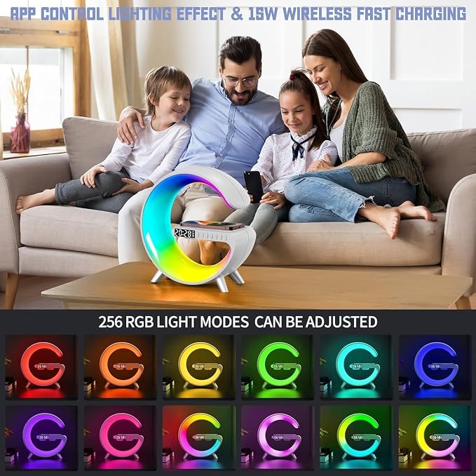 Smart LED Bedside Table Lamp, 4-in-1 Wireless Charger, Night Light, Alarm Clock, Bluetooth Speaker with App Control
