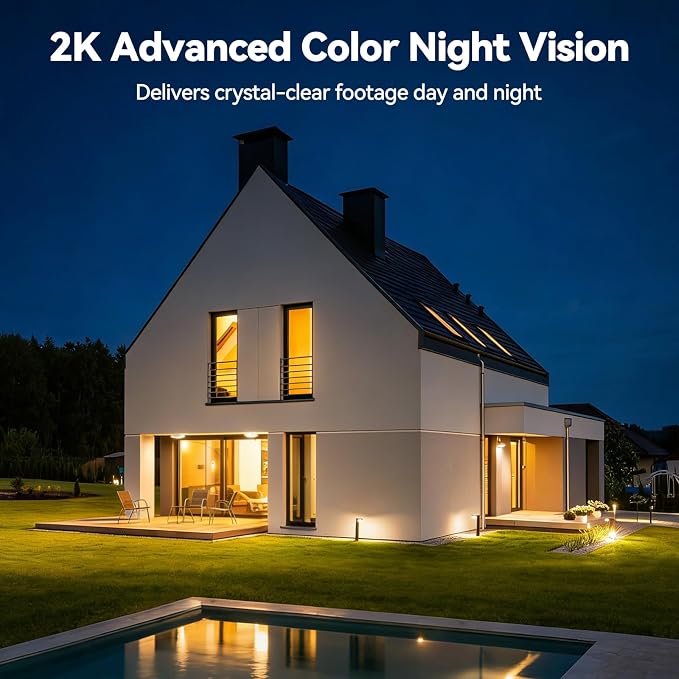 Chpuss Solar Security Camera Wireless Outdoor, 2K HD Surveillance Solar Powered WiFi Camera, Color Night Vision, PIR Detection, 360° View, 2-Way Talk, Spotlight Siren Alarm (Black & White - 1PACK)