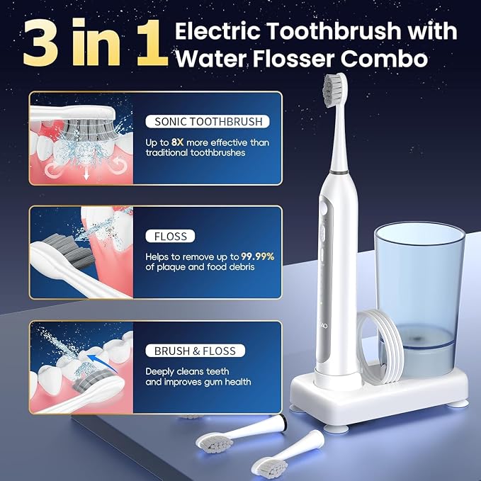 Electric Toothbrush with Water Flosser Combo, All in One Sonic Flossing Tooth Brush,3 Modes/5 Floss Speeds,Compact Portable Detachable Handle & Cup,30-Day Battery,for Braces & Sensitive Teeth,White