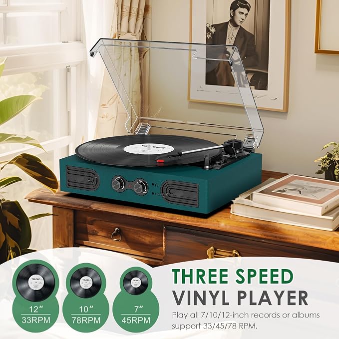 Vinyl Record Player with Built-in Speakers 3-Speed Vintage Record Player Support Treble& Bass Control, 3.5mm Headphone Jack, RCA-Out/Aux in, Belt-Driven LP Turntable,Dark Green