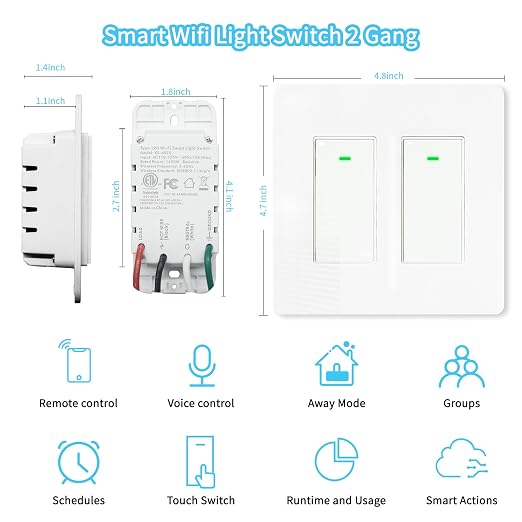Smart Light Switch 2 Gang(Button), Double Smart WiFi Light Switches, Smart Switch Compatible with Alexa and Google Home, Remote Control Light Switch，Neutral Wire Needed，No hub Required