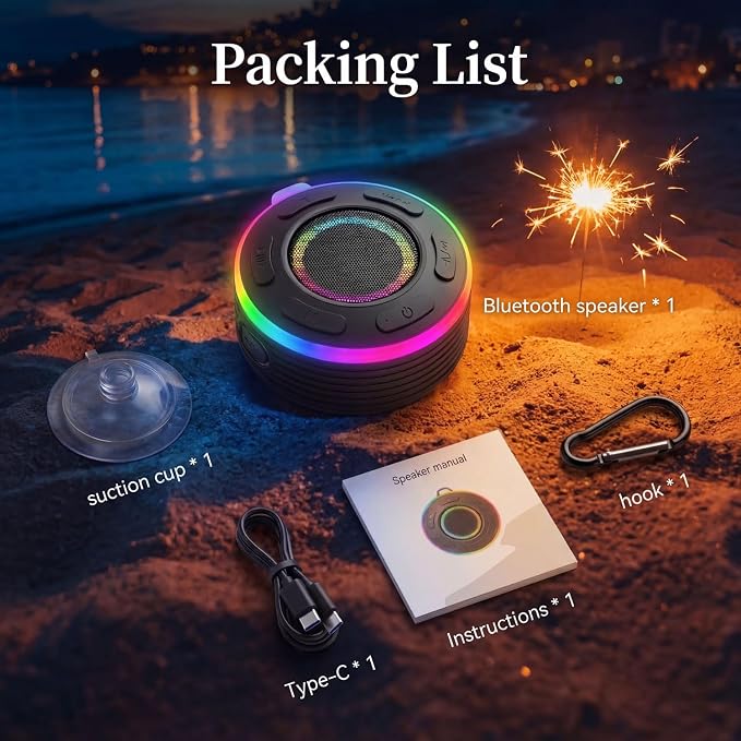 JK&EROSSTARS Portable Bluetooth Shower Speaker–Waterproof,Stereo,LED Light | Over 10H Playtime,Built-in Micro,Suction Cup&Hook,for Outdoor,Kitchen,Kayak,Beach,Camping,Gifts for Unisex