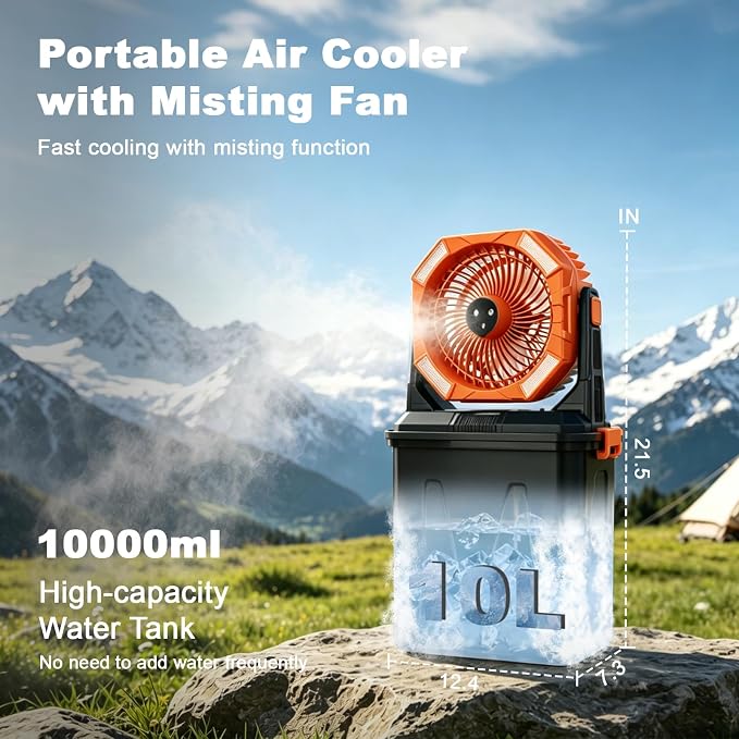 20000mAh Portable Misting Fan with 10L Large Water Bucket, 3-Speed Outdoor Floor Fan with Mist, USB Rechargeable Battery Powered Misting System for Patios, Camping, Beach, Golf and Picnic